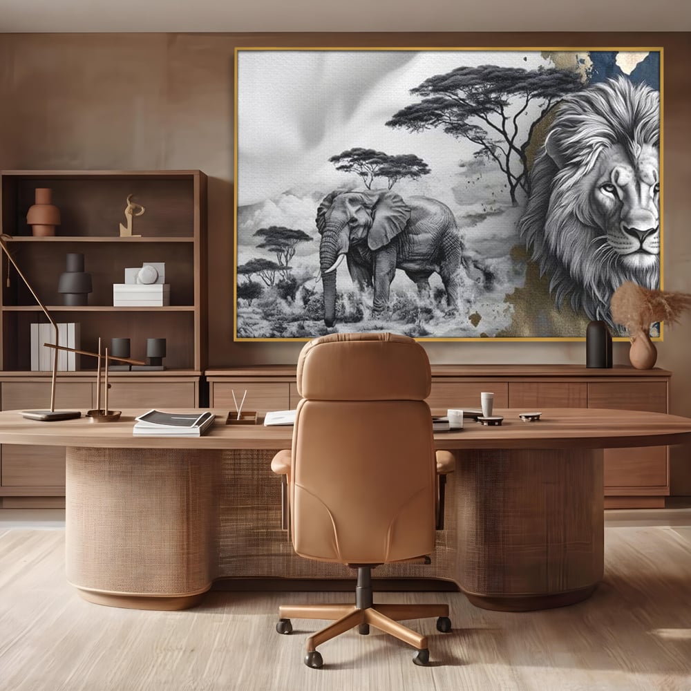 Tablou canvas cu tablou canvas cu leu si elefant, in rama de aluminiu auriu, pe perete intr-un birou